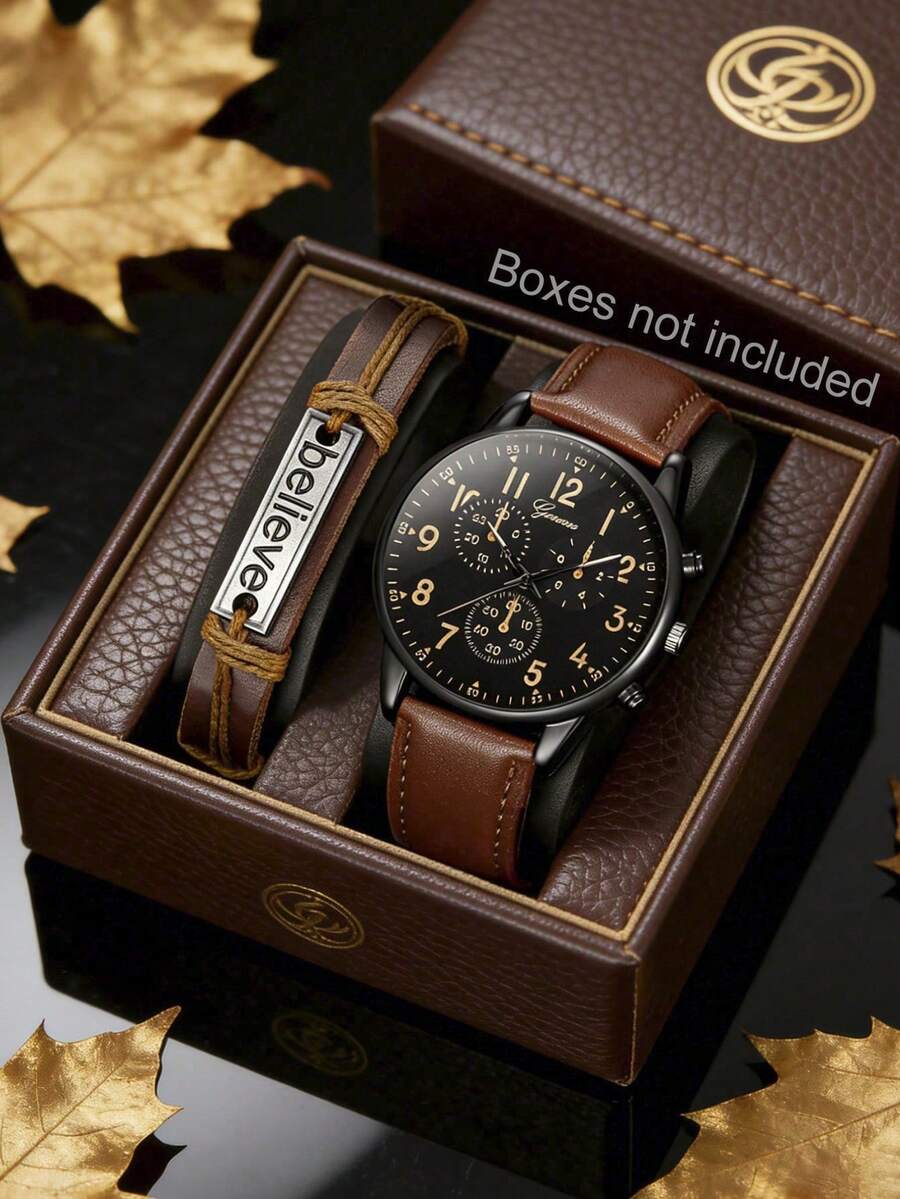 SOKI SOKI Men's 2-Piece Watch & Bracelet Gift Set, Chronograph Quartz Watch With Black Dial And Orange Numbers, Brown PU Leather Strap And Leather Bracelet, Vintage Large Dial Business Casual Watch Set, Suitable For Daily, Office, Holiday, Ramadan, Eid, Thanksgiving, Wedding, Banquet, Date, Christmas, Back To School, Party, Halloween, Easter And Other Occasions, Gift Box Not Included