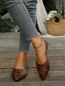Women Pointed Toe Slip-On Flat Shoes, Solid Faux Leather Comfort Casual Ballet Flats - Brown - View 4