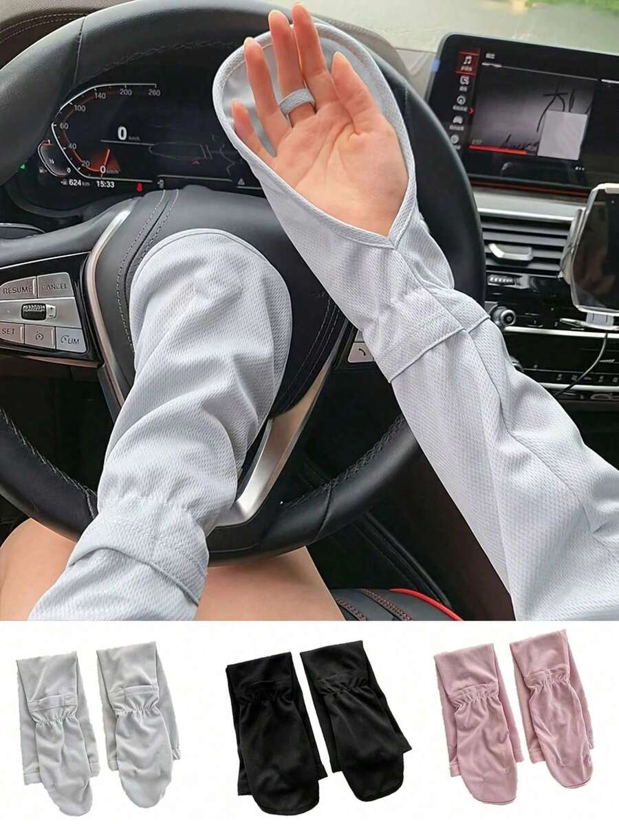 1雙/2雙女款透氣長款防曬手套，適合日常外出、開車、徒步、騎電動單車，抗UV冰絲露指遮陽手套，手臂護套，掛指式手臂套