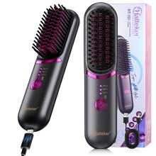 Hatteker 1pc 3-Gear Temperature Control Portable Travel Hot Air Brush, Volumizing Root Lift & Straightening Dual Use Wireless Hair Straightener - Multicolor - View 11