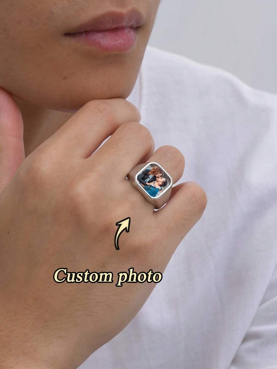 1PC Customized Photo Engraved Ring, Personalized Jewelry Gift For Men And Women For Anniversary, Wedding And Special Occasions - Commemorative Ring Personalized Gift - Perfect For Father's Day, Mother's Day, Valentine's Day, Birthday, Anniversary Or Christmas Gift