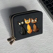 Cat Print Card Holder, Lightweight Fashionable Women's Wallet, Suitable For Daily Use, Double Zipper Mini Wallet/Coin Purse/Card Holder - Multicolor - View 17