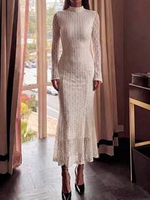 Unadoll Women Fall Winter Cream Lace Mermaid Midi Dress Mock Neck Flare Long Sleeve Bodycon Party Dress For Dating Cocktail Gathering - White - View 9