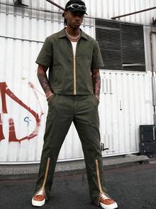 Men's Lightweight Comfortable Polyester Fabric Short Sleeve & Long Pants Set, Minimalist Street Style, Casual Outdoor Daily Wear, Summer - Army Green - View 12