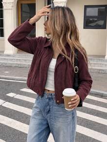 Women's Faux Suede Zip-Up Lapel Short Jacket With Chest Pleats And Long Sleeves, Suitable For Daily Wear In Autumn - Brown - View 2
