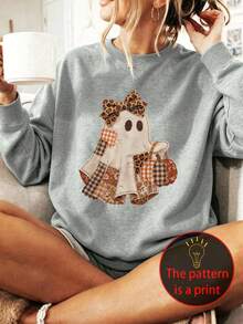 Plus-Size Halloween Hoodie For Women, Perfect For Everyday Wear, Holidays, And Parties. Features A Ghost Graphic Print Winter Casual Blouses For Women - Grey - View 1
