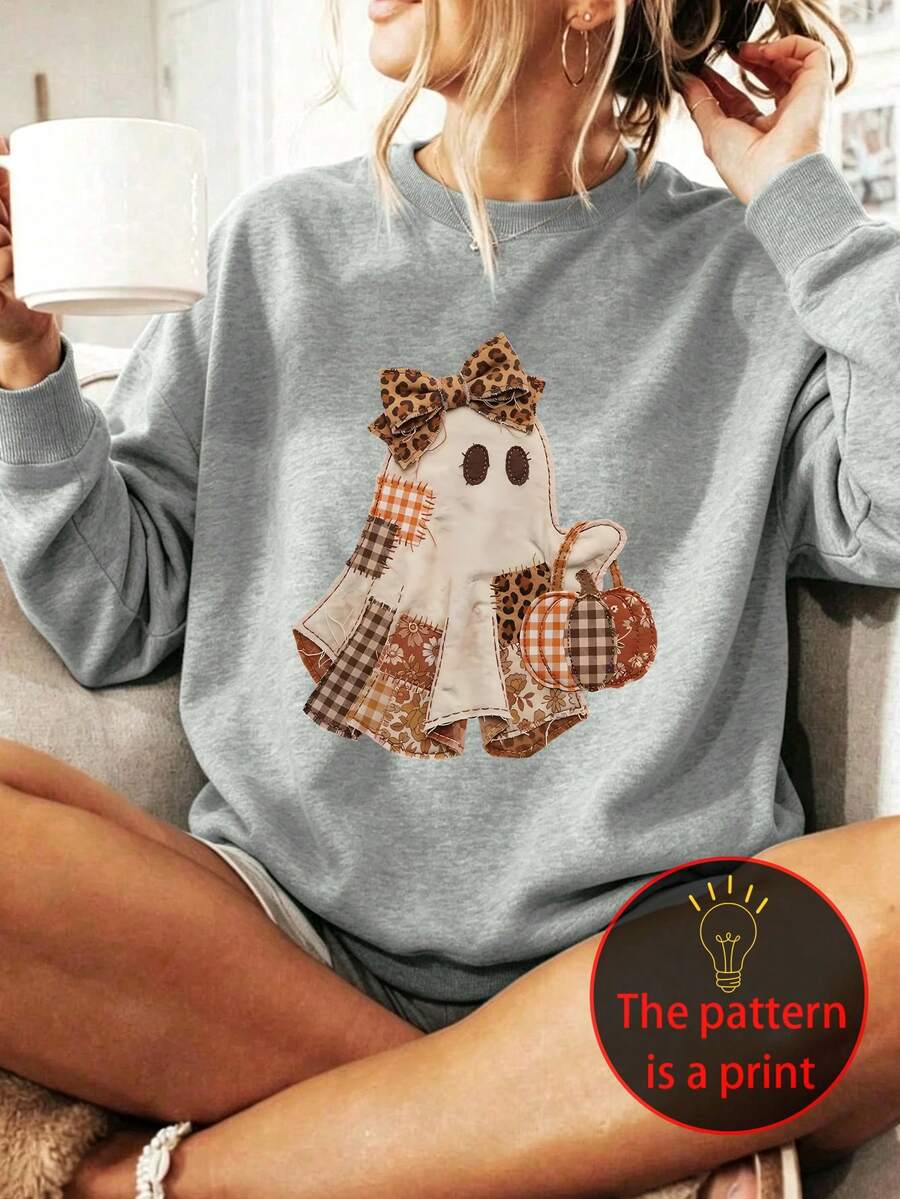 Plus-Size Halloween Hoodie For Women, Perfect For Everyday Wear, Holidays, And Parties. Features A Ghost Graphic Print Winter Casual Blouses For Women - Grey - View 1