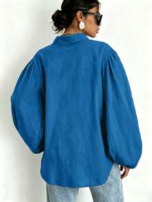 Women's Fashion Blue Oversized Bishop Sleeve Shirt, Button Front Design, With Pockets, Autumn Casual Wear Choice - Navy Blue - View 5