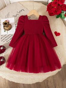Baby Girls Fall Dress, Valentine's Day Solid Color Jacquard Square Neck Gigot Sleeve Top With Mesh Princess Skirt And Bow Decor - Burgundy - View 3