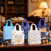 Happy Non-Woven Fabric Reusable Blue And White Party Gift Tote Bag, Menorah Dreidel Star Of David Print Handle Bag, Suitable For Holiday Gift Giving, Random Style - Multicolor - View 2