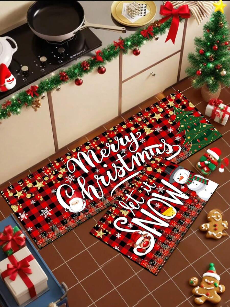 1 buah Keset Natal Motif Kotak-kotak Merah & Hitam dari Tanah Diatom, Motif Santa Claus & Pohon, Anti Selip dan Anti Lelah, Alas Karet Penyerap Minyak, Keset Dekorasi Liburan untuk Dapur, Pintu Masuk, Kamar Mandi, dan Ruang Cuci - MultiWarna - View 1