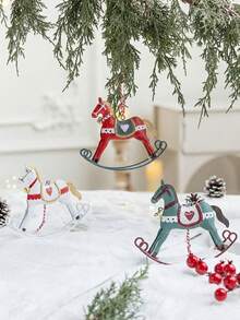 Vintage American Style Tin Rocking Horse Pendant, Red White Green Printed With Bell, Christmas Tree Holiday Decoration Hanging Ornament, Children's Room Soft Decor - Multiple Styles - View 3
