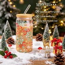 Christmas 1pc/5pcs 16oz Clear Glass Cup With Red Bow And Leaf Christmas Pattern, Bamboo Lid And Glass Straw, Crystal Clear Texture, Suitable For Daily Use And Holiday Parties - Multi-color - Christmas Ribbon - View 11