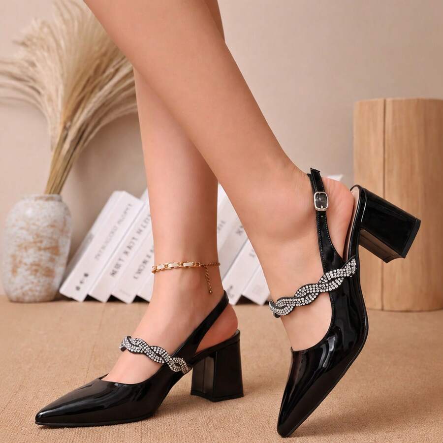 Women's Black Pointed Toe Slingback High Heels, Twisted Rhinestone Decor Strap With Chunky Square Heel, Elegant Evening Dress Pumps - Black - View 1