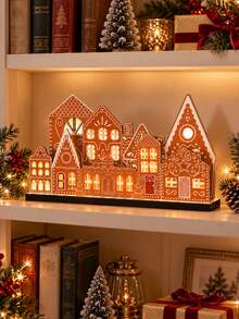 Christmas Gingerbread House Desktop Decor, Wooden Village Set, Gingerbread House Wooden Desktop Centerpiece, Suitable For Christmas, Farmhouse Style, Fireplace, Bookshelf, Dining Table, Windowsill (Lights Not Included) - Multicolor - View 8