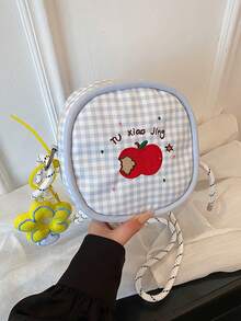 1pc Girls Apple Plaid Nylon Zipper Closure Cute Crossbody Bag Suitable For All Seasons Daily Use Without Pendant - A - View 12