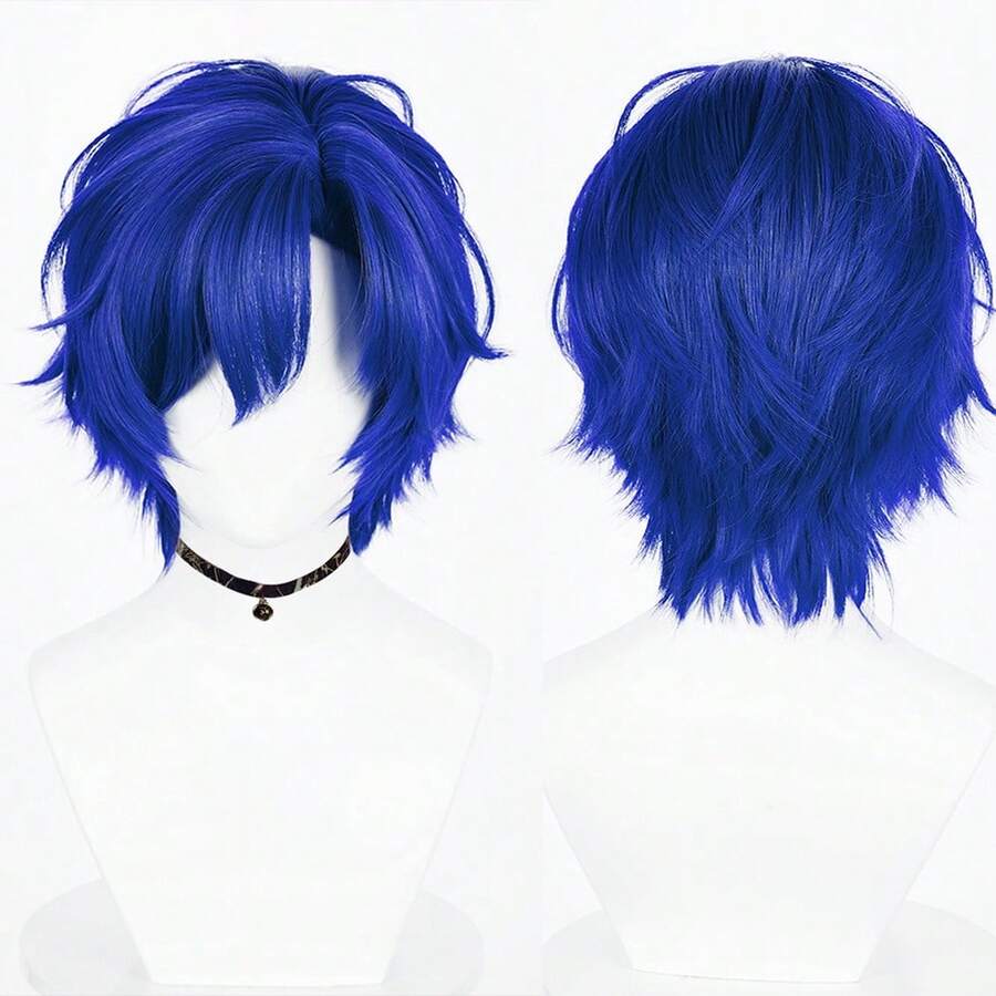 Blue Synthetic Short Straight Wig With Bangs For Men, Anime Game Cosplay Heat-Resistant Wig, Suitable For Daily Wear And Parties - Blue - View 1