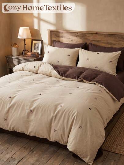 2/3pcs Beige Bowknot Pattern Duvet Cover Set, Bedding Set, Comfortable & Breathable, Durable & Anti-Pilling, Machine Washable, Room Decor, Bedroom Decor, Dorm, All Seasons, Suitable For Twin/Full/Queen/King Size Bed, Autumn Home Decor, Duvet Insert Not Included