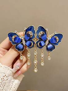 1pc Heavy-Duty Hollow Metal Double Butterfly Hair Clip, Glossy Oil-Drip Rhinestone Tassel Large Spring Clip, Banquet Wedding Women's Gift - Multicolor - View 7