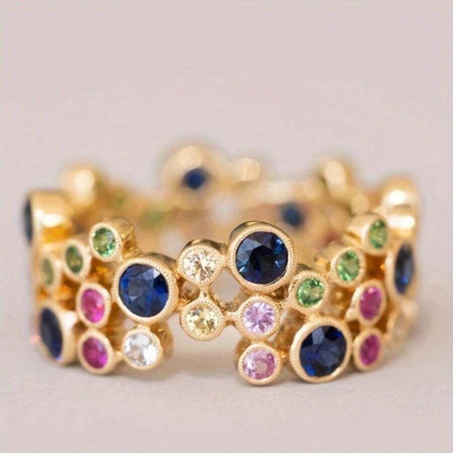 Creative Vintage Asymmetrical Multicolor Women's Ring, Exquisite Jewelry Accessory Suitable For Holiday Party Wear - Gold - View 1