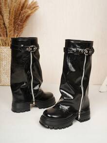 Women's Round Toe Thick Sole Metal Buckle Decor Slip-On Mid-Calf Boots, Fashionable Premium Autumn/Winter Glossy Textured Shaft Boots - Black - View 8