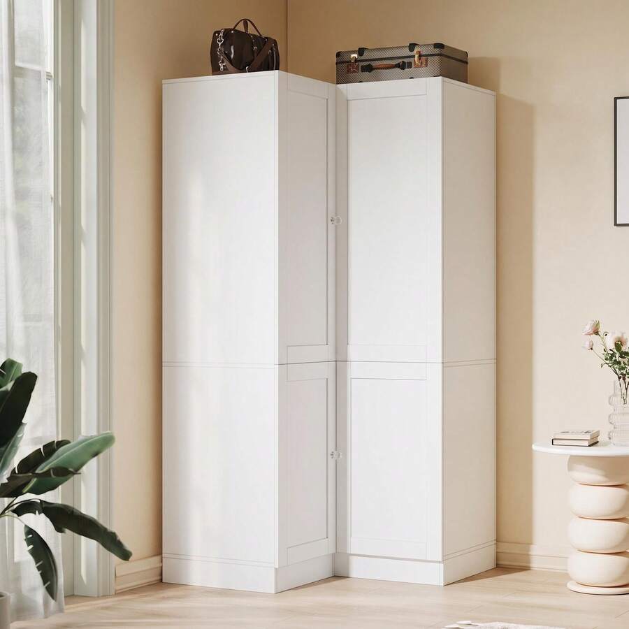 VOWNER 70.9" Tall Corner Armoire Wardrobe Closet, Modern Wardrobe With Hanging Rod & Crystal Handle, 5 Shelves & Cabinet, Smart Partition Storage Design, Large Storage Wardrobe For Bedroom, White - White - View 1