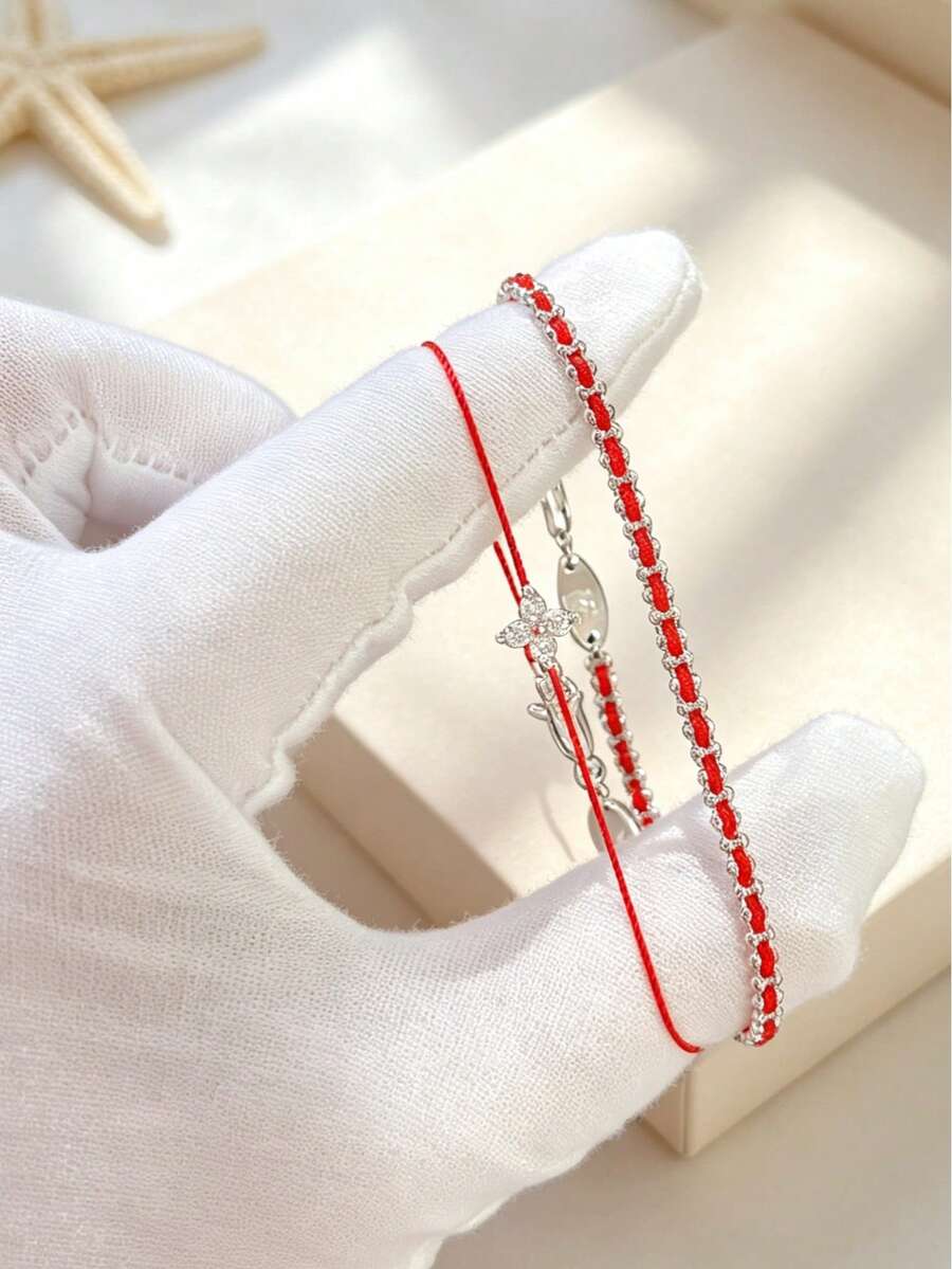 1pc French Minimalist Handmade Braided Rope Lucky Four-Leaf Clover Bracelet, Exquisite Luxury Versatile Fashion Accessory - Braided Bracelet Two-piece Set - View 1