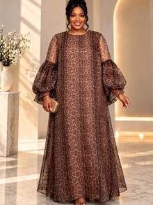 Plus Size Elegant Leopard Print A-Line Dress, Round Neck Puff Sleeve, Loose Flowy Dress, Suitable For Church, Vacation, Formal Occasions - Brown - View 5
