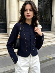 DEEKA Cardigan Rajut Kancing Depan Gaya Eropa & Amerika Terbaru untuk Wanita, Musim Gugur, Modis, Minimalis, Serbaguna - Navy Blue - View 1