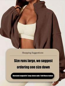 Women's New Plush Fleece Zip-Up Drawstring Waist Casual Sweatshirt, Elegant And Comfortable Sports Winter - Coffee Brown - View 5