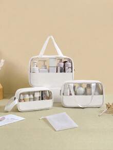Dual Handle Large Capacity Transparent Makeup Bag, Suitable For Cosmetics And Toiletries, Beach Bag, Back To School Summer Travel Essential - Beige - View 5