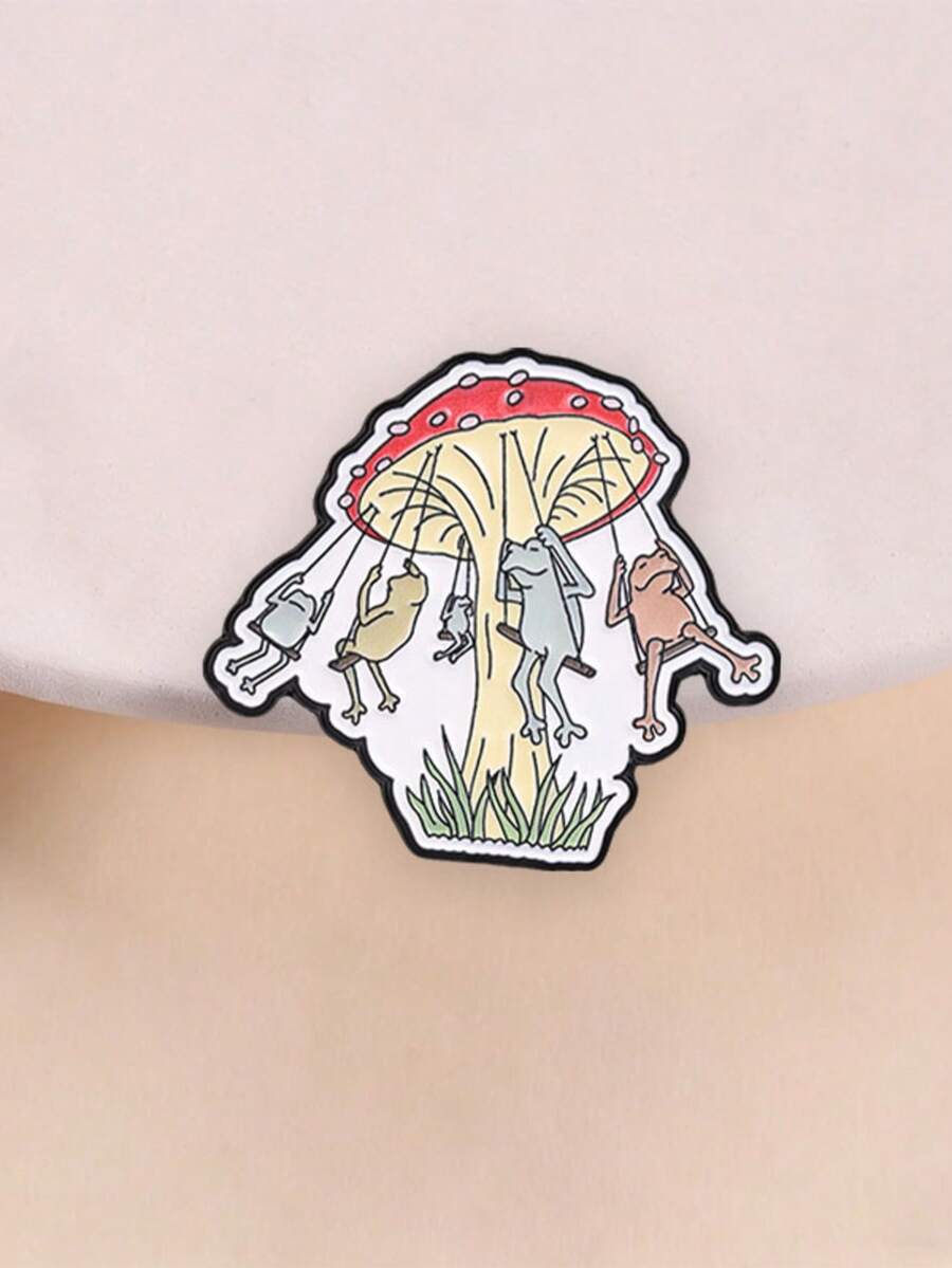 Mushroom Swing Frogs Enamel Pin Fairy Tale Cartoon Frog Lapel Badge Metal Brooch For Backpack Jacket Cute Accessory Gift