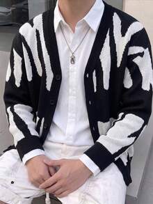 Boys' & Teens' Black & White Abstract Colorblock V-Neck Knitted Cardigan, Single-Breasted Loose Thick Sweater Jacket, Autumn/Winter - Black - View 4