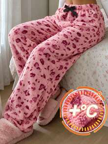 Girl's Double-Sided Arctic Wool Warm Velvet Heart-Shaped Leopard Print Sleep Pants,Bow Decoration Elastic Waist Wide Leg Pants Winter Home Sleep Pants - Pink - View 2