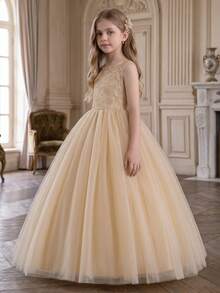 Elegante vestido de tul color champán para niña de las flores con espalda abierta, bordado floral de encaje, vestido largo de malla, vestido para niñas, vestido de princesa, vestido de noche, vestido de graduación, fiesta, adulto, fiesta de cumpleaños, niña de las flores de boda, disfraz de concurso - Champán - Ver 6