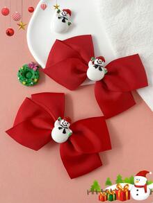 2Pcs Christmas Solid Color Grosgrain Ribbon Bow Hair Barrettes, Cute 3D Snowman Patch Big Bow Hair Clips, Festive Holiday Hair Accessories For Girls - Snowman Style - View 4