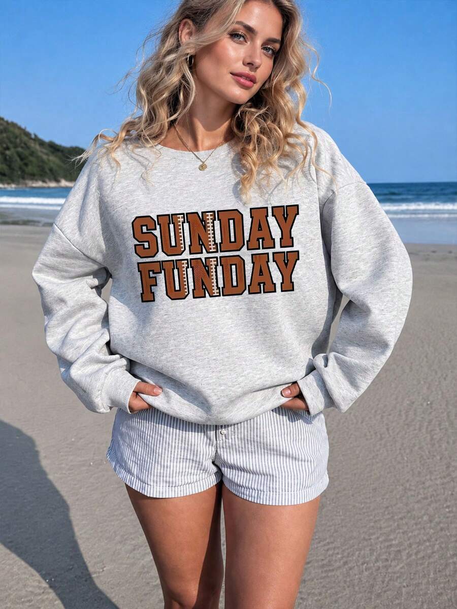 秋冬女款「SUNDAY FUNDAY」圖案印花韓系 Y2K 大圓領街頭通勤運動衫 - 灰色 - 查看 1