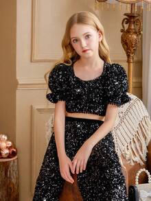Tween Girl Black Sequin Tulle Party Dress 2-Piece Set, Suitable For Important Occasions, Holidays, Birthday Parties - Black - View 8