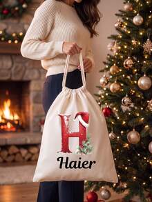 Custom Name Santa Initial Christmas Sack, Large Capacity Reusable Canvas Drawstring Gift Bag, Personalized Xmas Gift Storage Pouch, Holiday Present For Family, Home Christmas Decor, Available In L & XL Sizes - Multicolor 2 - View 6