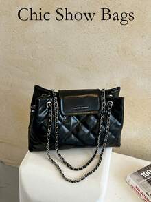 Women Tote Shoulder Bag,Diamond Quilted,Glossy Faux Leather,Double Layer Chain Strap & Logo Flap,Large Capacity,Classic Luxury Style,Daily Work - Black - View 12