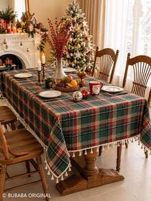 Bubaba Christmas Plaid Tassel Tablecloth, Green And Red Checkered Rectangular Tablecloth, Rustic Farmhouse Style Holiday Table Decor, Suitable For Christmas Party And Winter Home Decoration - Multicolor - View 3