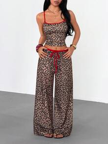 Women's Leopard Print 2 Pieces Set, Colorblock Trim Camisole Top + Drawstring Wide Leg Pants, Suitable For Nightclub Party, Vacation, Casual And Outing Wear - Brown - View 4