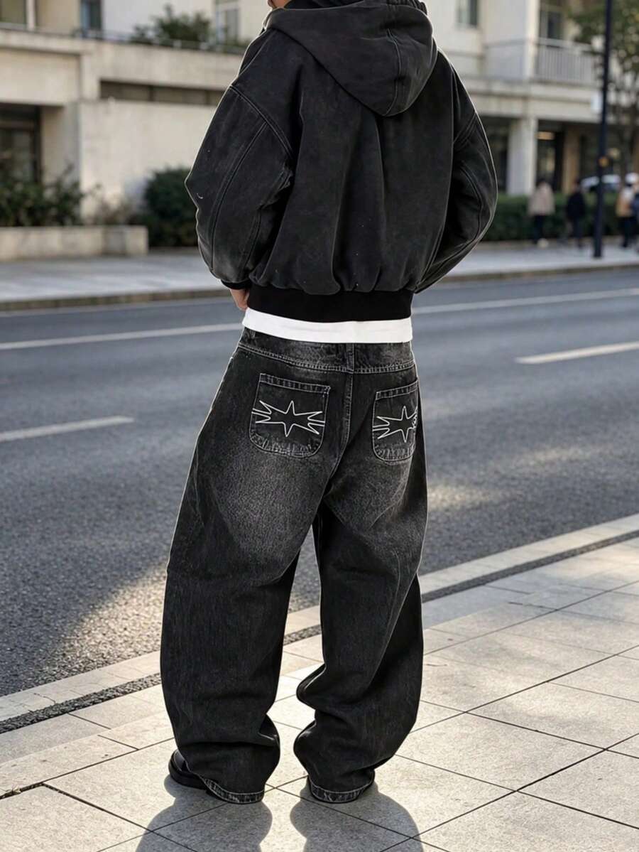 Men's Vintage Black Washed Denim Jeans, New High‑Street Curved‑Blade Design Loose Drapey Trousers For Autumn & Winter - Black - View 1