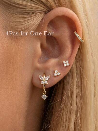 4Pcs Butterfly Dangle Hoop Flower Stud Earrings Set For Women, 14K Gold Plated Zirconia Women's Ear Piercing Jewelry Stacks For Party Holiday Gift