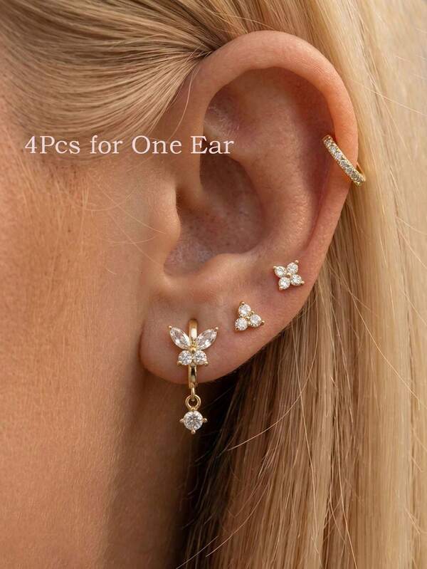 4Pcs Butterfly Dangle Hoop Flower Stud Earrings Set For Women, 14K Gold Plated Zirconia Women's Ear Piercing Jewelry Stacks For Party Holiday Gift
