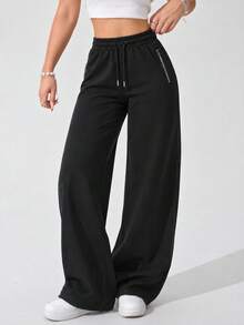 Women's Black Athletic Wide Leg Pants With Drawstring Elastic Waist And Zipper Side Pockets Relaxed Fit For Daily Wear - Black - View 4
