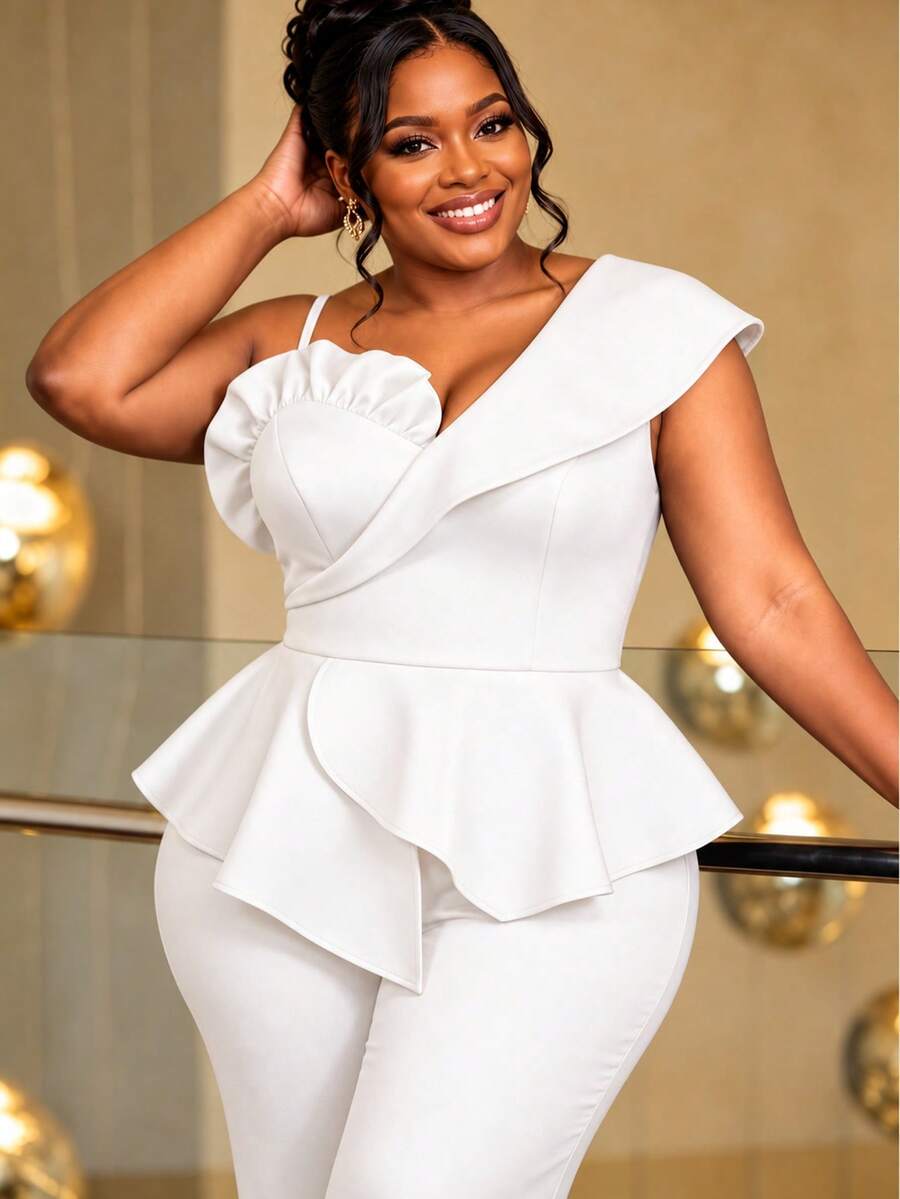 Plus Size White Elegant Ruffled Jumpsuits Sleeveless V Collar Top Spaghetti Strap Peplum Waist Wide Leg Pants Slim Fit Evening Party Rompers