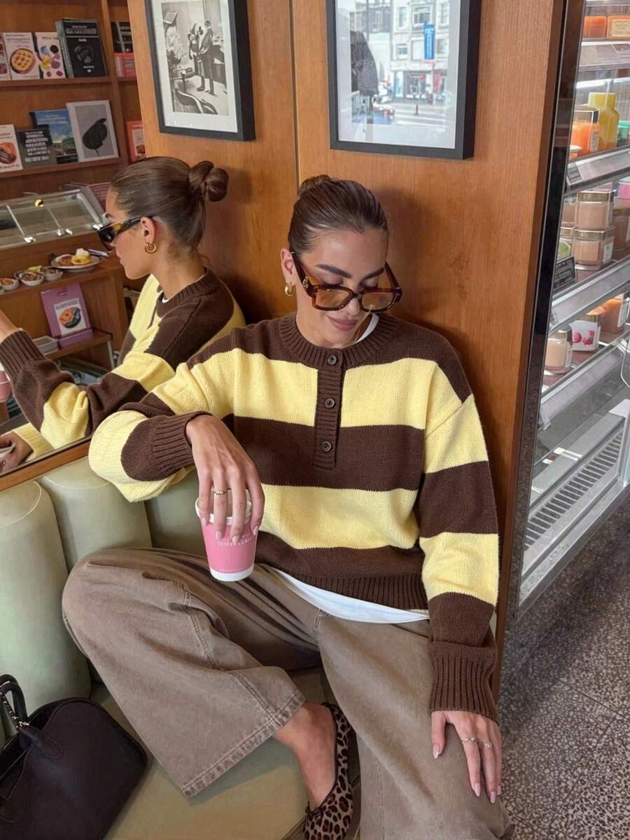 Women's Casual Comfortable Colorblock Striped Knit Sweater, Round Neck Button Design Top, Suitable For Daily Autumn/Winter Comfortable Outfit - Multicolor - View 1