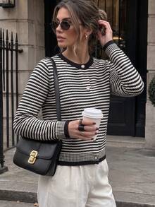 BYGOUBY Women's Striped Knit Cardigan, Round Neck Pearl Button Long Sleeve Casual Knit Sweater Jacket, Autumn/Winter - Black - View 2