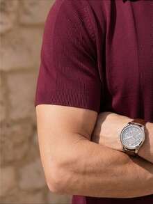 ALTZTAR Men's Turn-Down Collar Short Sleeve Knit Top - Burgundy - View 6